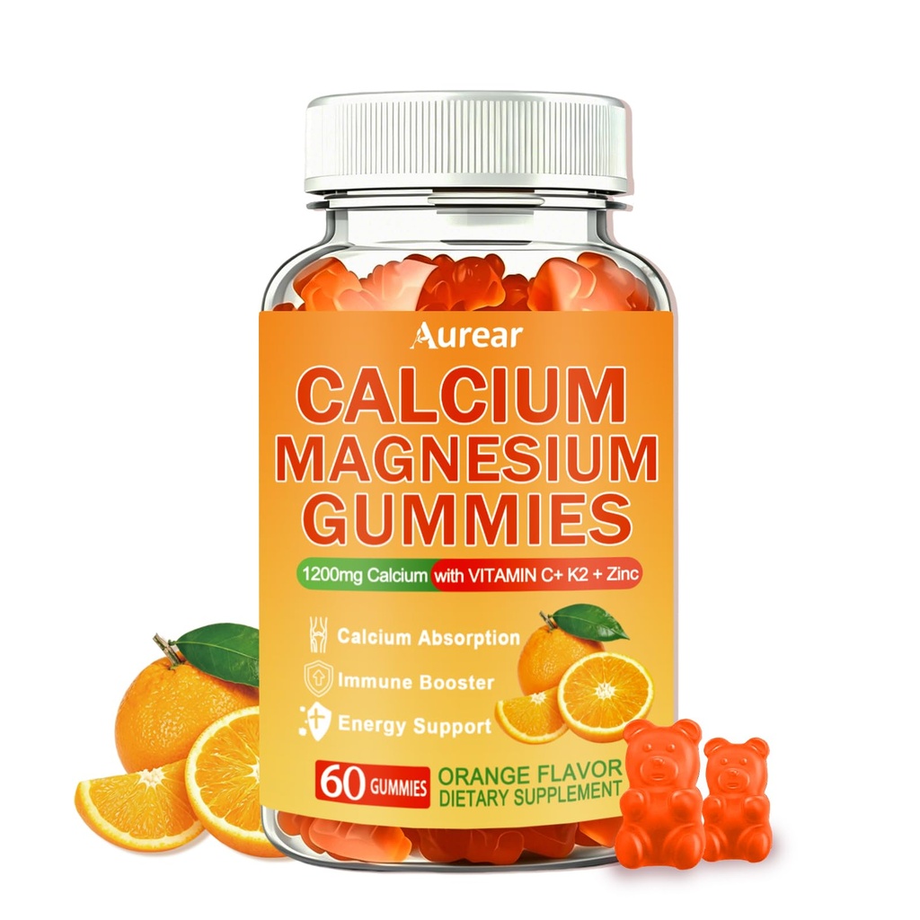 Calcium Magnesium Zinc Supplement Gummies with Vitamin D3 K2, Calcium Gummies 1200mg for Women & Men, Muscle Immune Support, Vegan, Sugar Free, Orange Flavor, 60 Count