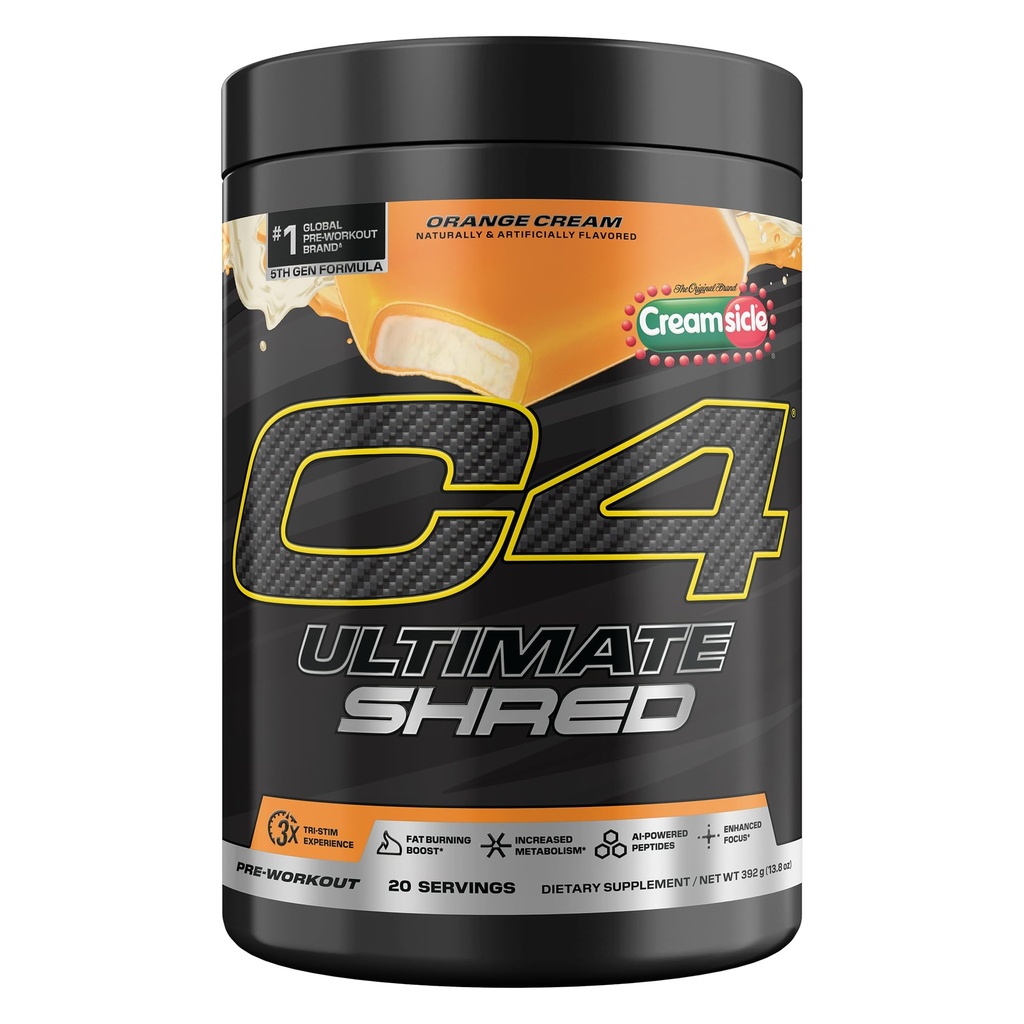 Cellucor C4 Ultimate Shred Pre Workout Powder, Integratore Metabolismo con Cayenne Extract+300mg Caffeina+TeaCrine+Dynamine - Cremasicle Arancione, 20 Serve