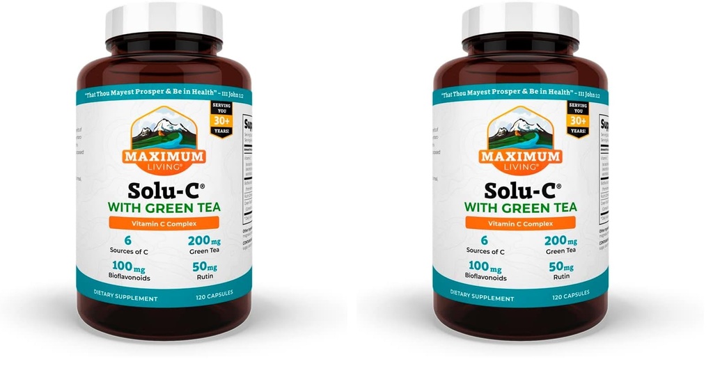 Maximum Living Solu-C with Green Tea - Vitamin C with Bioflavonoids and Rutin - Immune Support -120 Capsules Each - Pack of 2