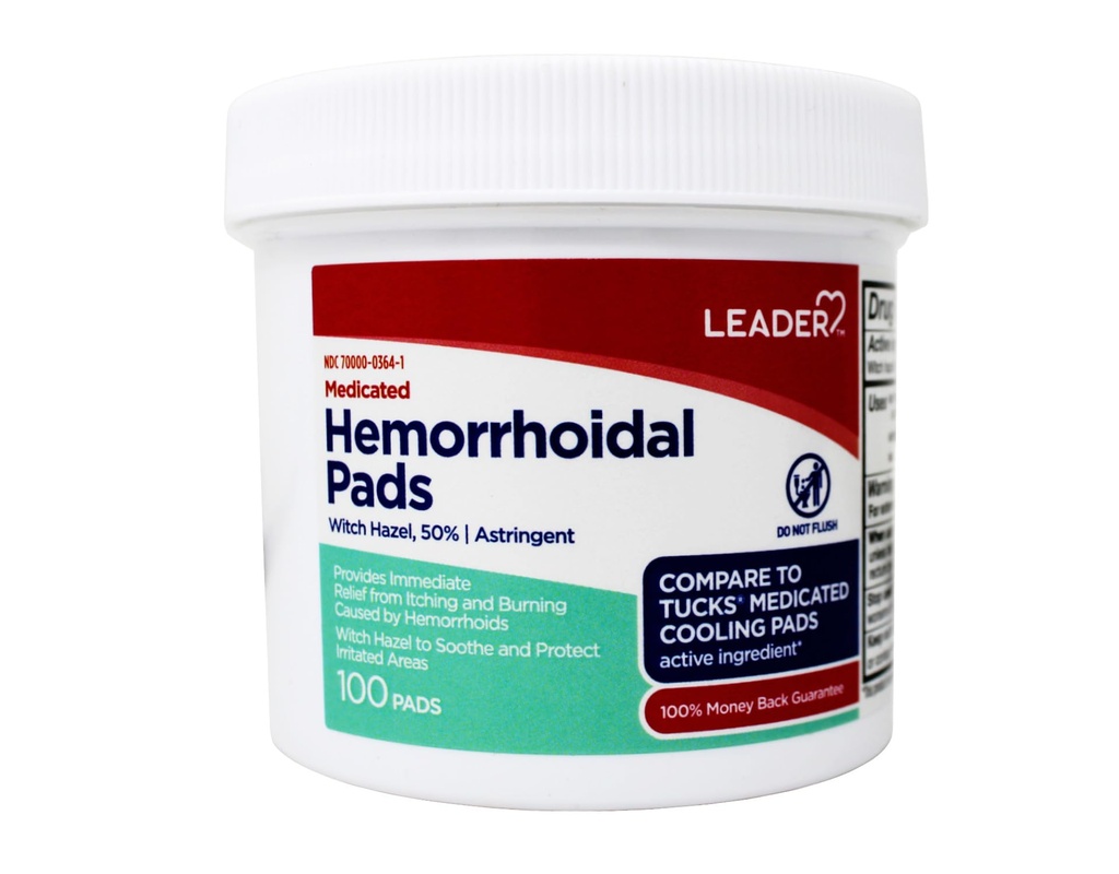 Leader Medicated Hemorrhoidal Pads Witch Hazel 50%, 100 Pads