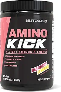 NutraBio Amino Kick – Polvere BCAA con caffeina naturale – Aminoacidi Supplemento per energia, idratazione e recupero – BCAA, elettroliti e aminoacidi – Limonata lampone, 30 Serve