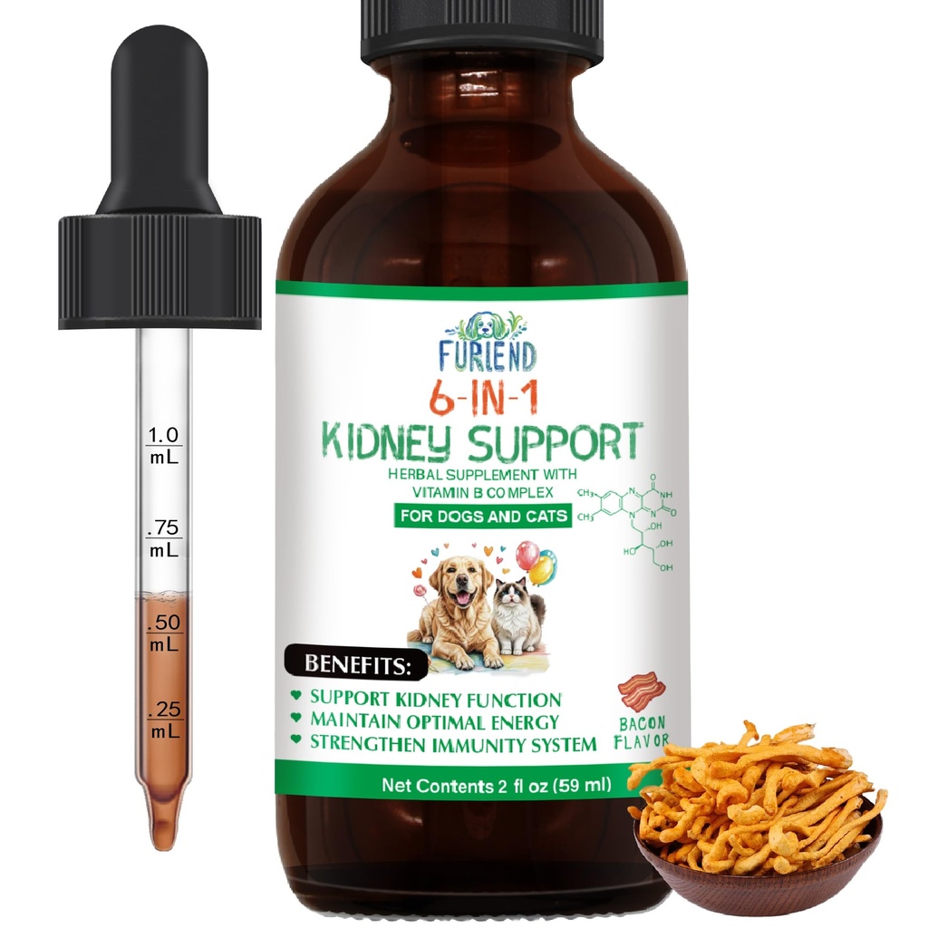 Veterinarian Formulated Kidney Support for Cats & Dogs | 6-in-1 Liquid with Herbal Blend + Vitamin B Complex | Bacon Flavor for Kidney & Urinary Health, Energy & Appetite | 2oz (59ml)