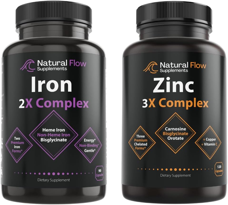 Complexe de supplément de zinc avec cuivre et vitamine C - Débit naturel 3X Supplément de carnosine et de fer 2-en-1 Complexe complet - Débit naturel 2X Heme et bisglycinate de fer non hémique