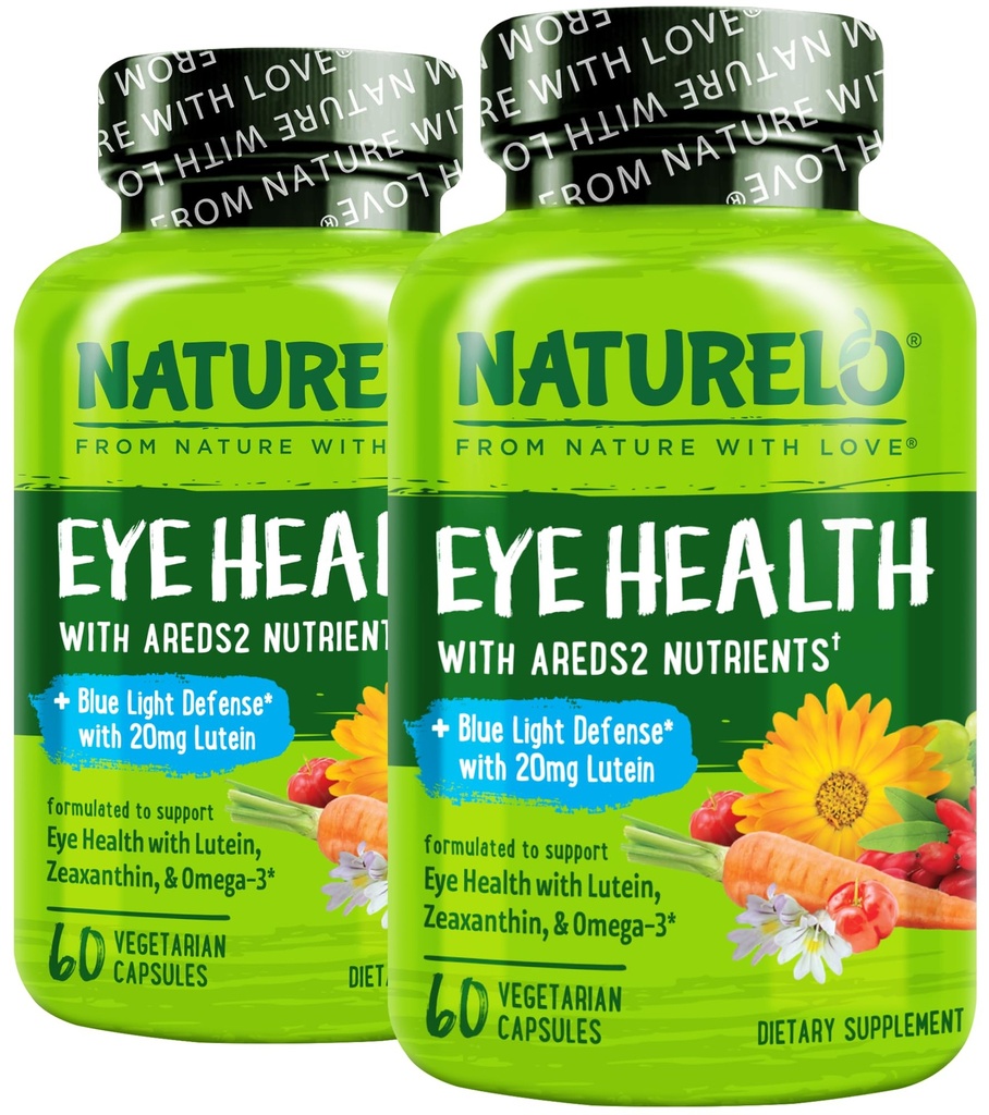 NATURELO Augen Vitamine - AREDS 2 Formel Nährstoffe mit Lutein, Zeaxanthin, Vitamin C, E, Zink, Plus DHA - Ergänzung für trockene Augen, Gesunde Vision, Augenunterstützung - 60 Vegan Kapseln (Pack von 2)