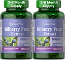 Puritan's Pride Premium Bilberry Fruit Extract 250 mg (1000 mg Äquivalent), 4:1 Konzentrierte traditionelle Kräuterergänzung, Vitamin C, 3 bis 6 Monate Versorgung, 180 Rapid Release Softgels 2-Pack