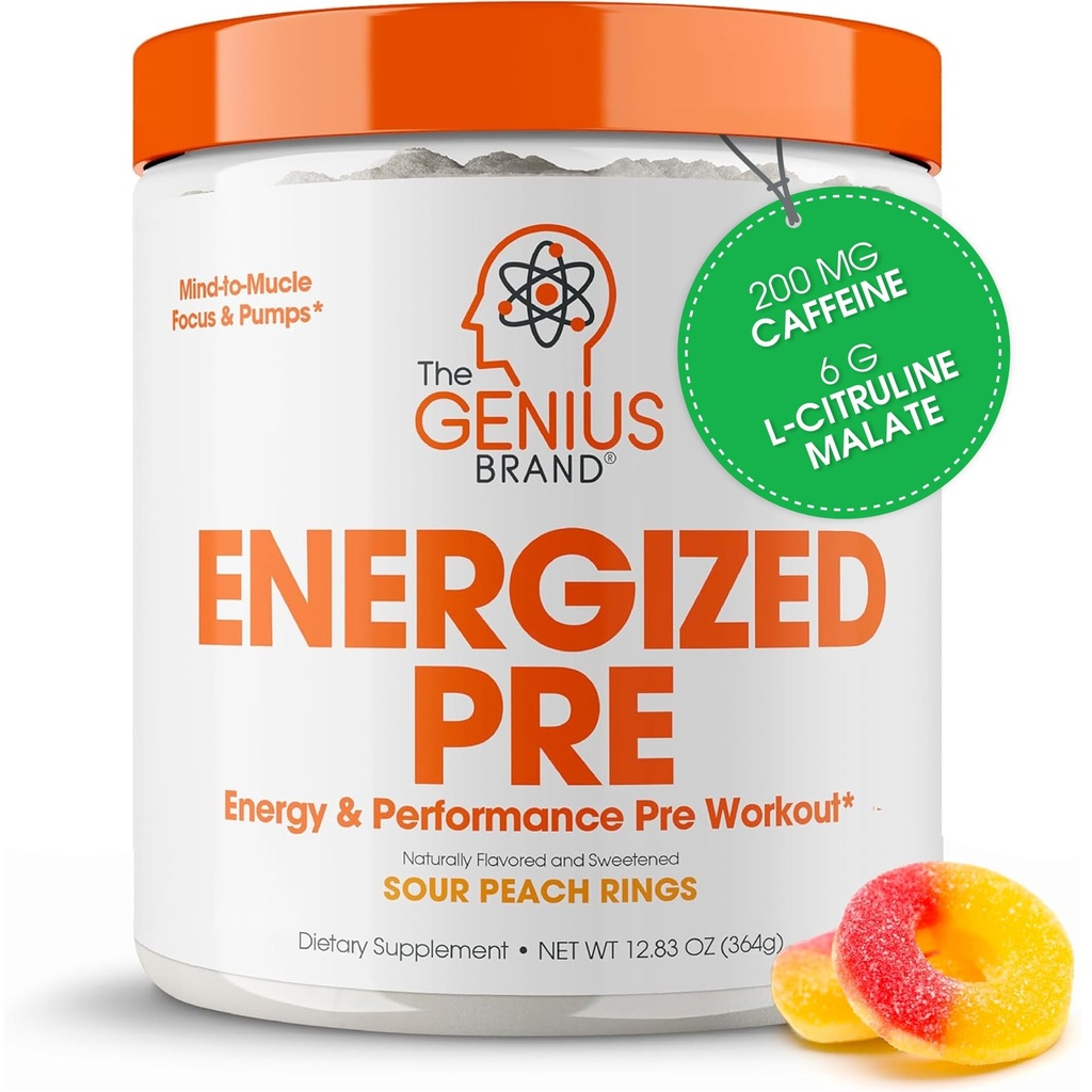 Polvere di pre allenamento energizzata Genius – Caffeina infusa pre-allenamento Booster supplemento con Beta Alanine & Alpha GPC, senza dolcificanti artificiali o dita - 200 mg di caffeina, 20 Serve, Anelli di pesca acida
