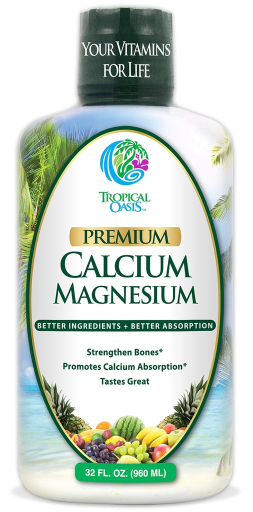 Oasis tropicale Calcium liquide Magnésium - Formule naturelle avec/support pour les os forts - Vitamines liquides avec/Calcium, Magnésium et Vitamine D - jusqu'à 96% Absorption par le corps. - 32oz, 64 Servir.