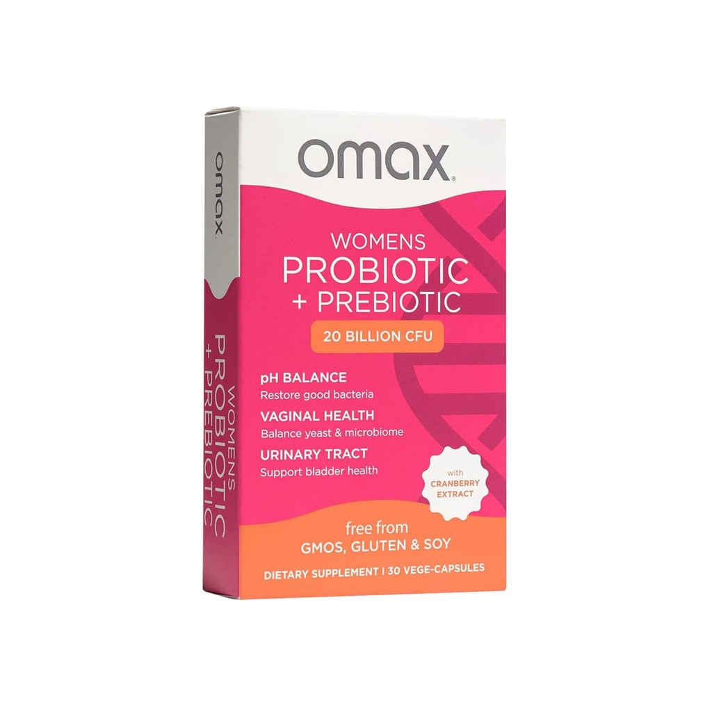 Omax Health Prebiotics and Probiotics Complex for Women, pH Balance, Vag Health, Urinary Tract, Hefe & BV Prävention, Lactobacillus & Bifidobacterium | Vegan, Organic, Gluten Free | 30 Vege-Capsules