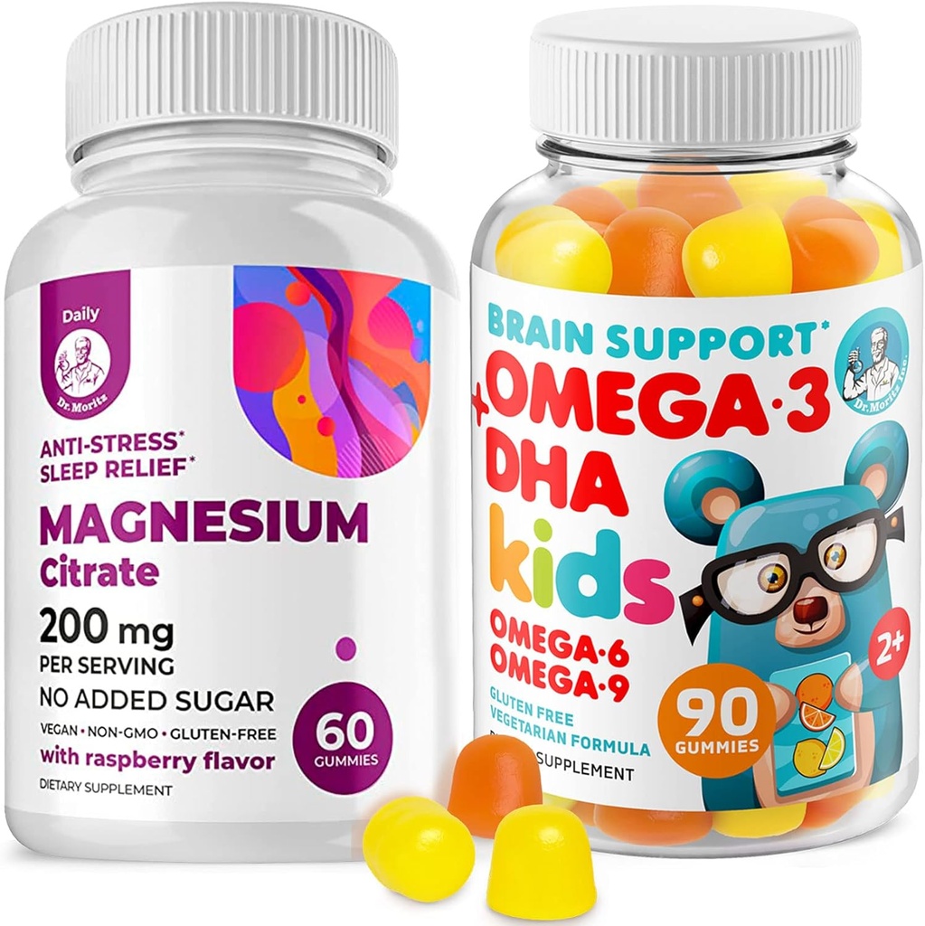 Omega3 Gummis für Kinder mit Omega 6&9 und Magnesium Gummis - DHA Kinder Gehirn Ergänzung für Herz und Vision Unterstützung – Kein Fischöl und glutenfreie Immungesundheit mit Zuckerfreiem Magnesium