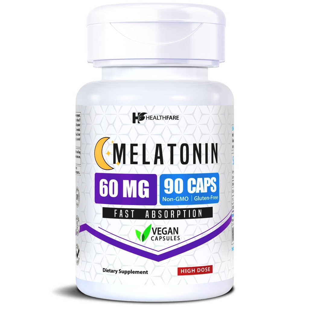 Healthfare Melatonin 60mg | 90 capsule di veg | Formula ad alta resistenza | Vegetariano, Non OGM, Gluten-Free | Made in the USA