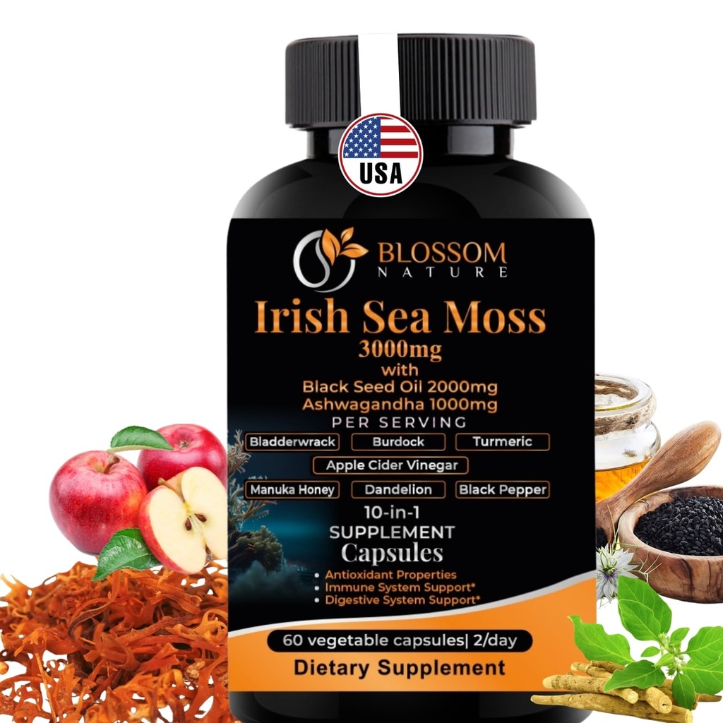 10 in-1 Irish Sea Moss Veggie Caps 3000mg Black Seed Oil Ashwagandha Bladderwrack Burdock Turmeric Apple Cider Vinegar Manuka Honey Dandelion Black Pepper - Made in US(Veggie Caps, Unflavored)