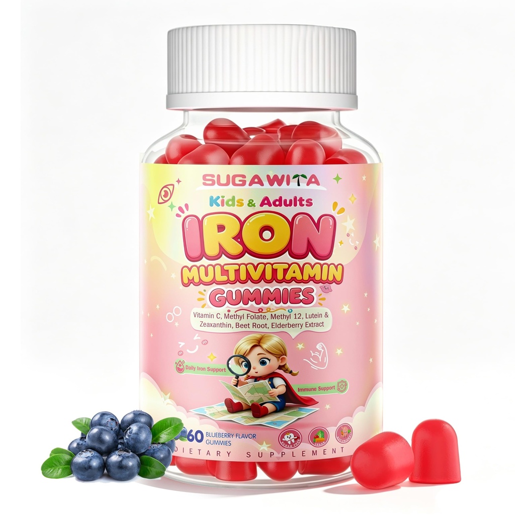 Iron Gummies for Kids & Adults, Multivitamin with Iron, Sugar Free 60 Ct