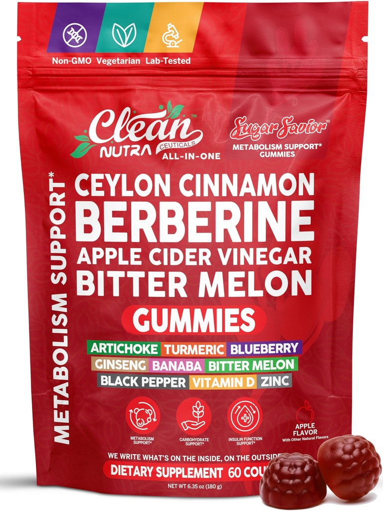 Sugar Savior Ceylon Cinnamon Berberine Gummies Apple Cider Vinegar Artichoke Turmeric Blueberry Ginseng Banaba Bitter Melon Black Pepper Vitamin D Zinc GLP1 Gummies 60 Count by Clean Nutra