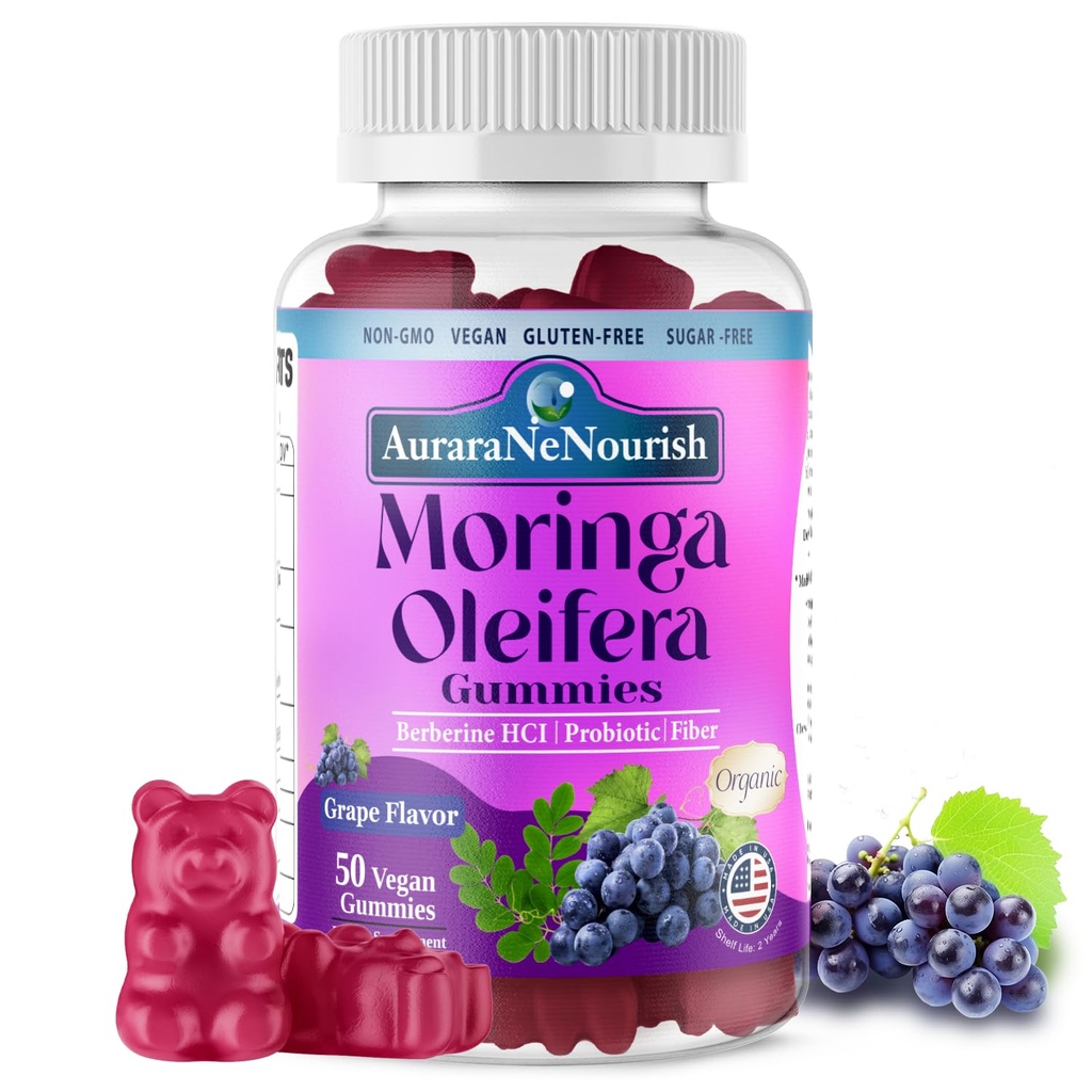 Organic Moringa Oleifera Gummies for Women & Men, 8-in-1 Superfood Blend w. Berberine HCl & Moringa Leaf Extract for GLP-1 Support & Energy Immune Joint & Gut Health Sugar-Free