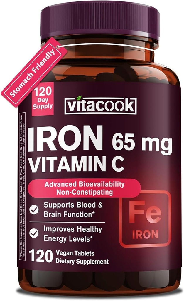 Supplemento di ferro per gli uomini delle donne, ferro ad alta potenza 65mg con vitamina C 250mg, pillole di ferro amichevoli per le cellule di sangue rosso & supporto immunitario, non OGM & Gluten Free, 120 compresse vegane