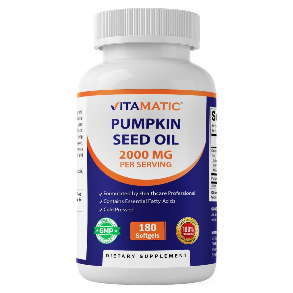 Vitamatic Kürbis Seed Oil 2000mg Softgel Kapseln pro Servieren - 180 Softgels - 1000mg pro Softgel