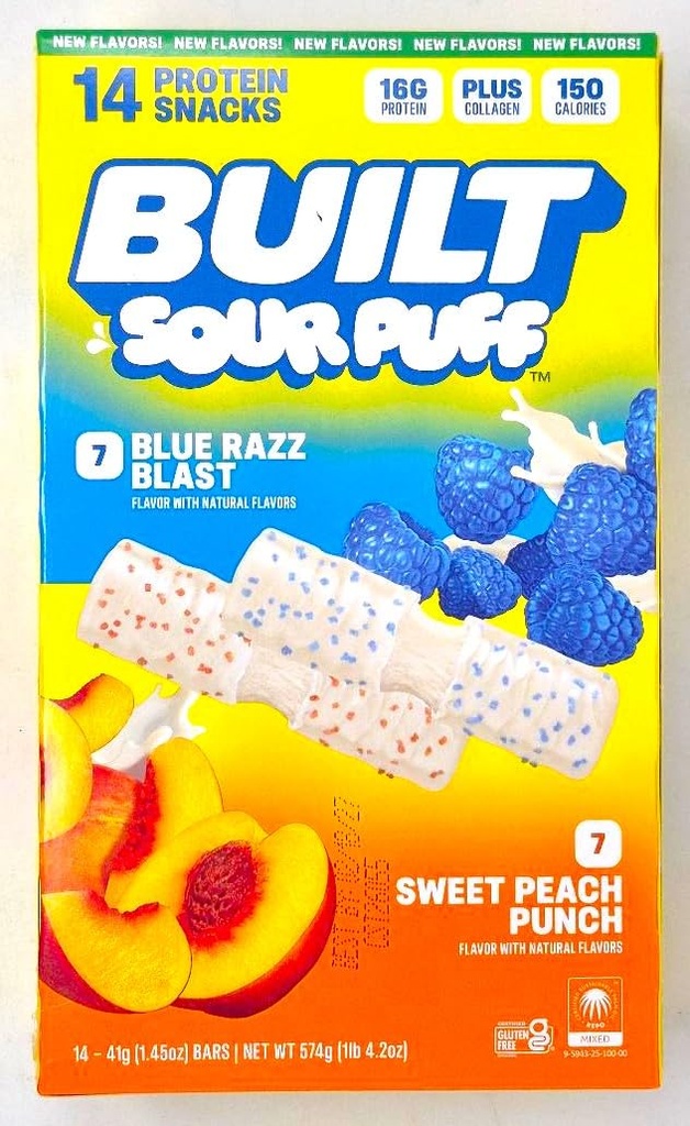14 Protein Bars. Sour Puff. 7 Blue Razz Blast. 7 Sweet Peach Punch. (1.45 oz per bar, 20.2 oz total)