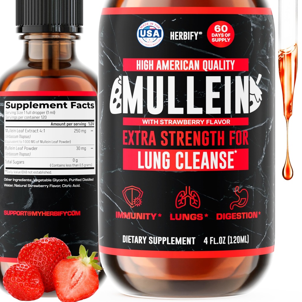 HERBIFY Mullein Drops - Lung Cleanse - Blattextrakt - Leistungsstarker Mullein für Immununterstützung, Detox & Respiratorische Unterstützung - Made in USA - 4 Oz Erdbeeren Flavor