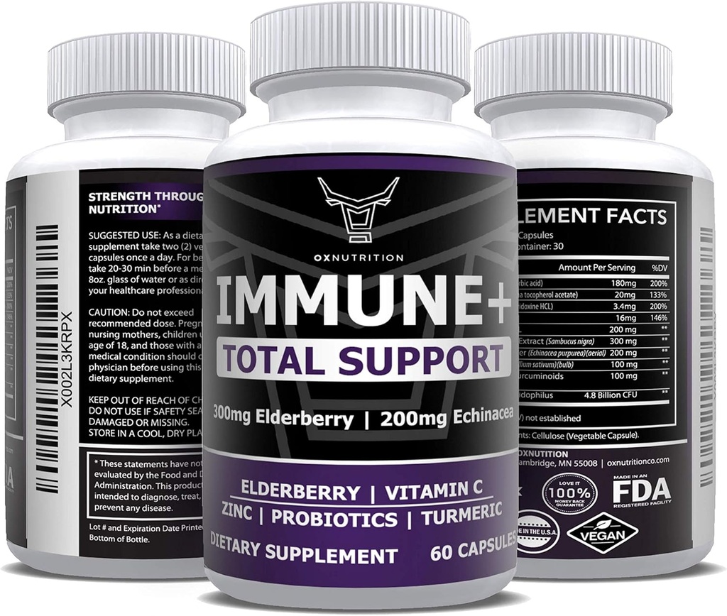 OX Nutrition 10 in 1 Elderberry, Vitamina C, Zinco, Vitamina E, Vitamina B6, Echinacea, Aglio, Turco, L-Glutamina HCL & Lactobacillus Probiotics & Antiossidanti per Difesa Immune 1 Mese di fornitura