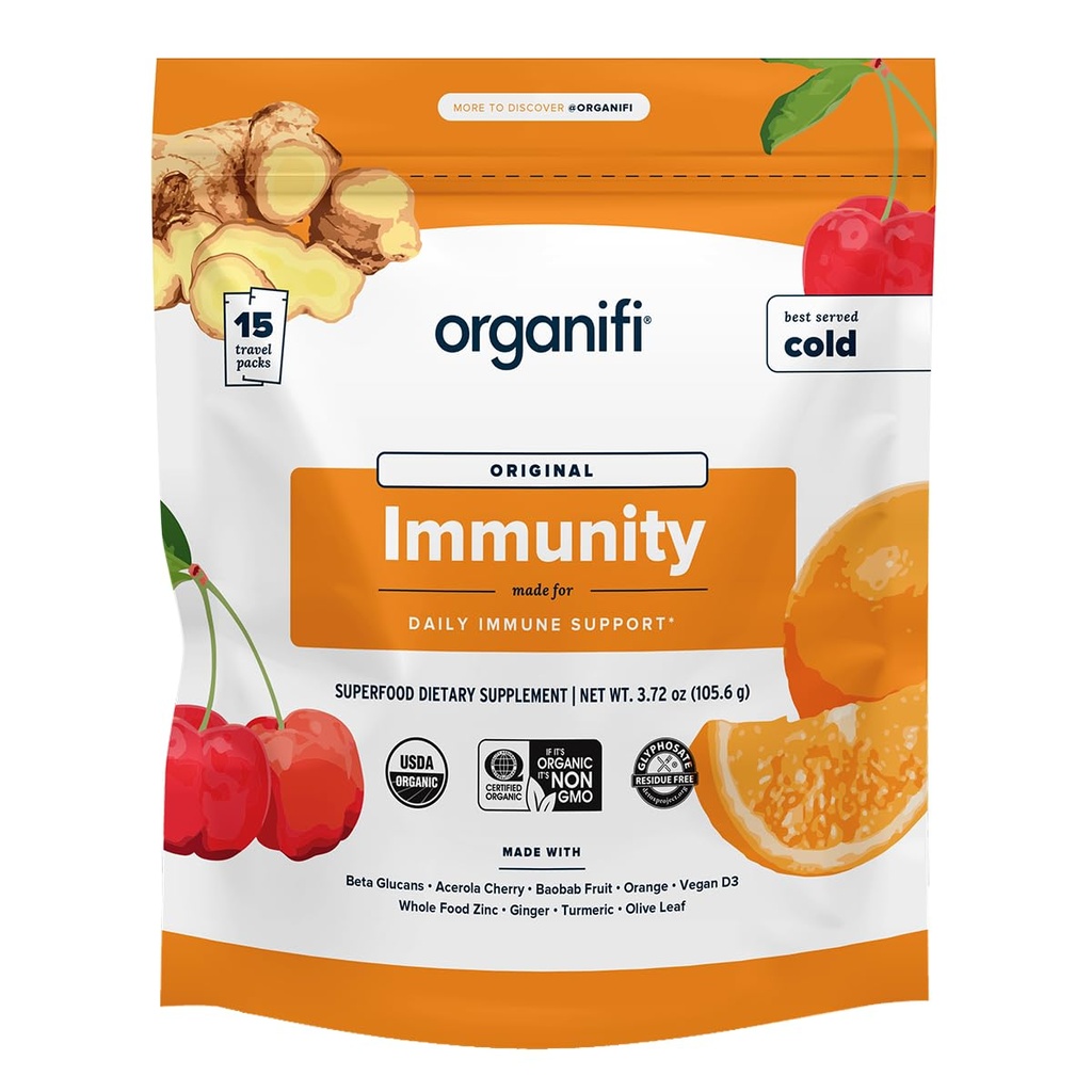Immunity Organifi - Soutien à l'immunité des superaliments biologiques - 15 sachets à portion unique - Poudre d'immunité pour la production de cellules T et la santé respiratoire supérieure - Glucans de champignons Beta, vitamine C, D et zinc