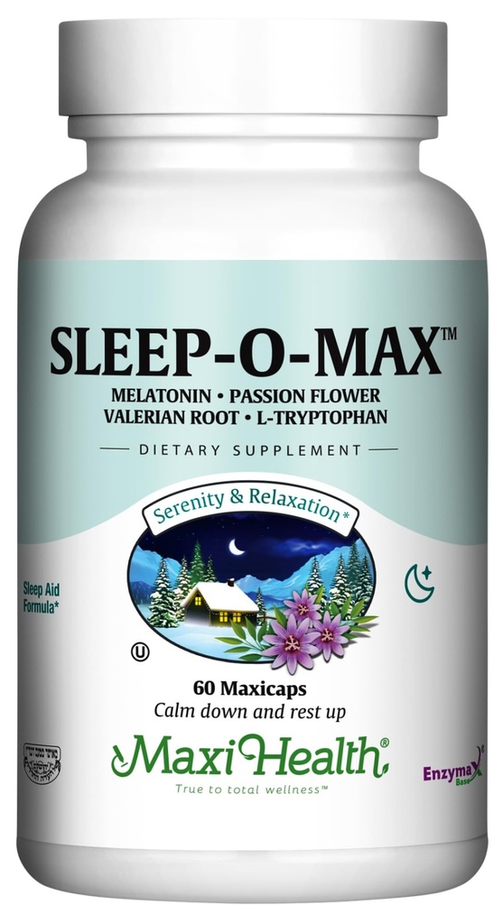 Maxi Health Adults Herbal Sleep-O-Max con radice di valeriana, melatonina, triptofano, Passionflower - Natural Sleep Supplement - Calm Sleep Support Formula
