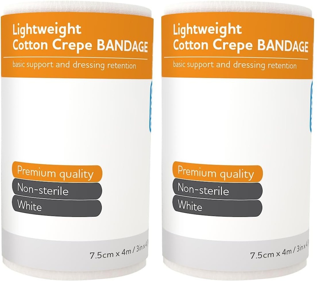 AEROCREPE Light Cotton Crepe Bandage for first aid dressing retention and gentle compression, breathable cotton crepe, hypoallergenic and latex free, 7.5 cm x 4 m roll, single unit (Pack of 2)