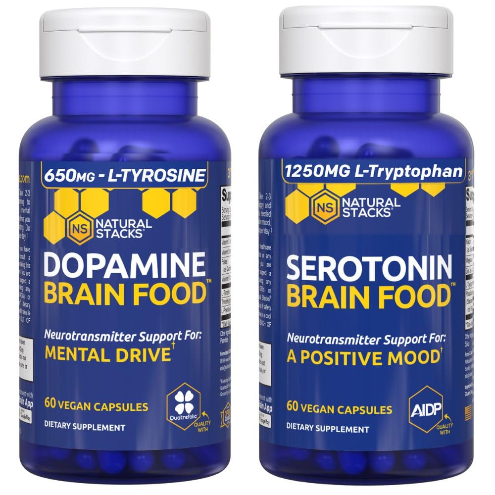 NATURAL STACKS Serotonin Brain Food + Dopamine Brain Food Bundle - Supporta un Positivo Mood & Mental Drive* - 120 Capsule Totali