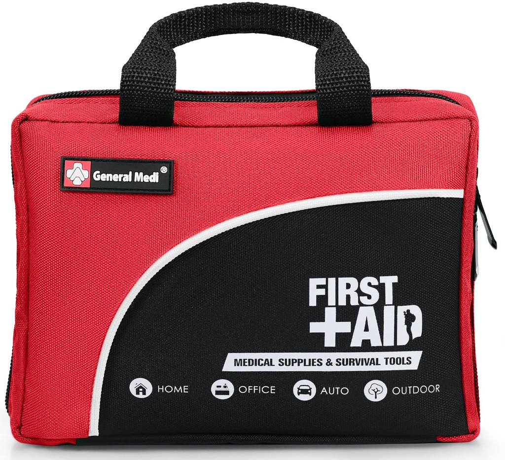 General Medi 160 Piece Premium First Aid Kit Bag - Includes Cold (Ice) Pack, Emergency Blanket for Travel, Home, Office, Car, Camping, Workplace (Red)