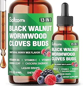 Satoomi 13in1 Black Walnut Liquid Drops with Wormwood, Cloves, Vitamine B6, Vitamine C, Vitamine D, Senna, Cascara Sagrada et 5 Plus - 2 Fl Oz pendant 60 jours - Mélange de baies Saveur