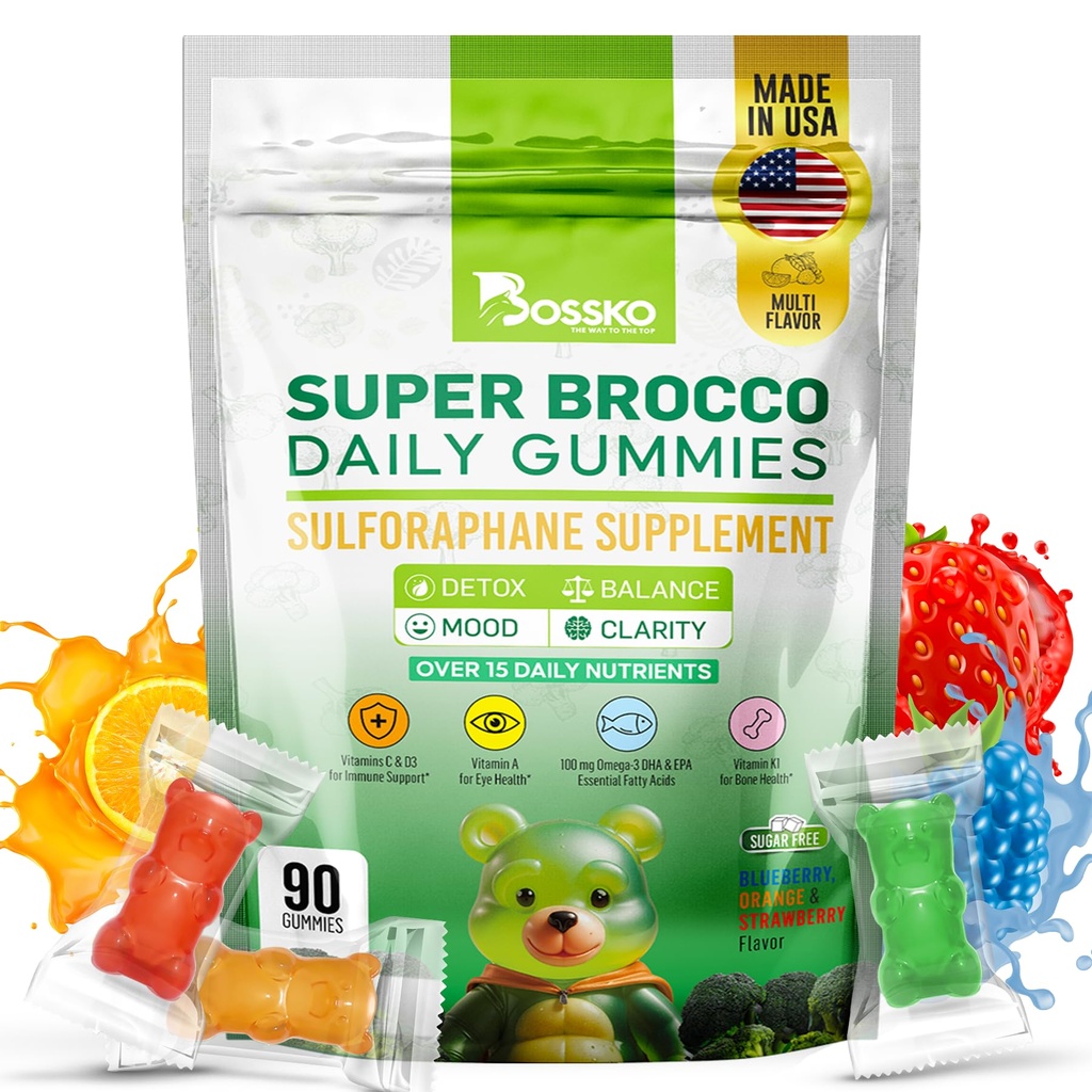 Gummie Bossko Sulforaphane con Omega-3 – Broccoli Sprout Extract, EPA/DHA & Antiossidanti – Salute Cellulare & Mood Support – 90 Vegan Gummies – Aroma di bacche miste – Senza zucchero