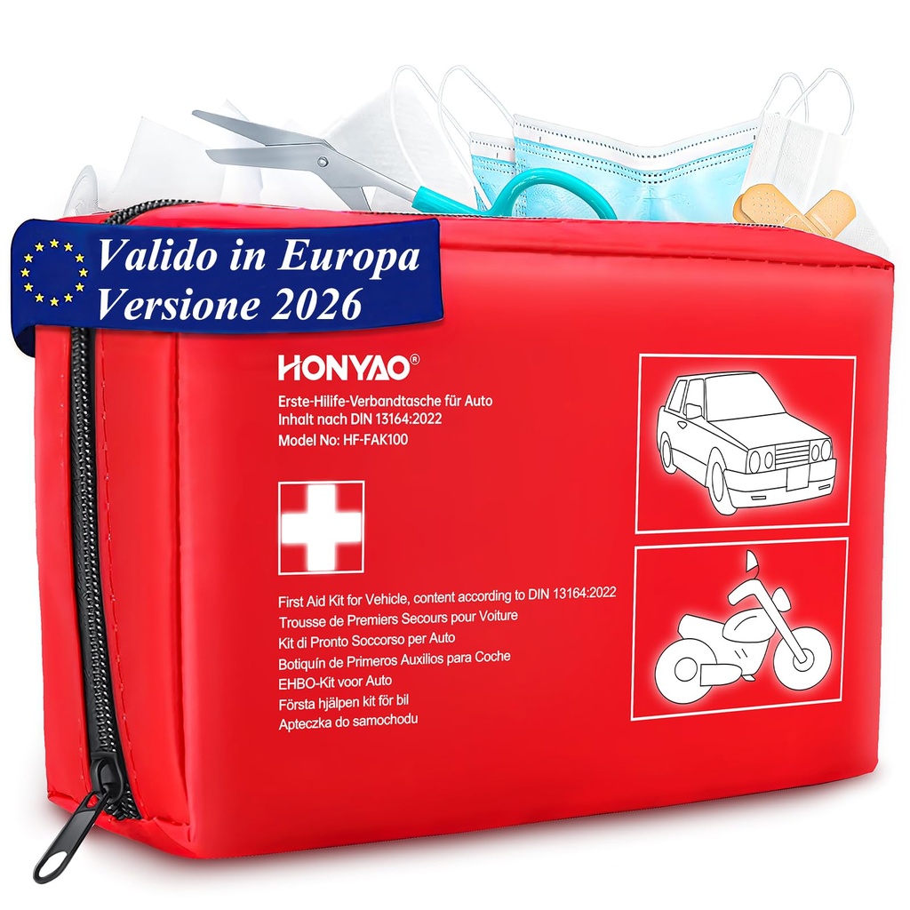 HONYAO Car First Aid Kit, First Aid Kit Complies with the Latest DIN 13164 Standard, First Aid Bag for Car, Motorcycle, Truck, Caravan, Travel, Camping and Home