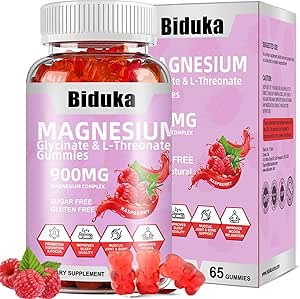 900mg Magnesium Complex 65 Himbeergummis, Zuckerfreies Magnesium Glycinat & L-Threonat Kaliumergänzung mit Vitamin D, B6, CoQ10 zur Entspannung