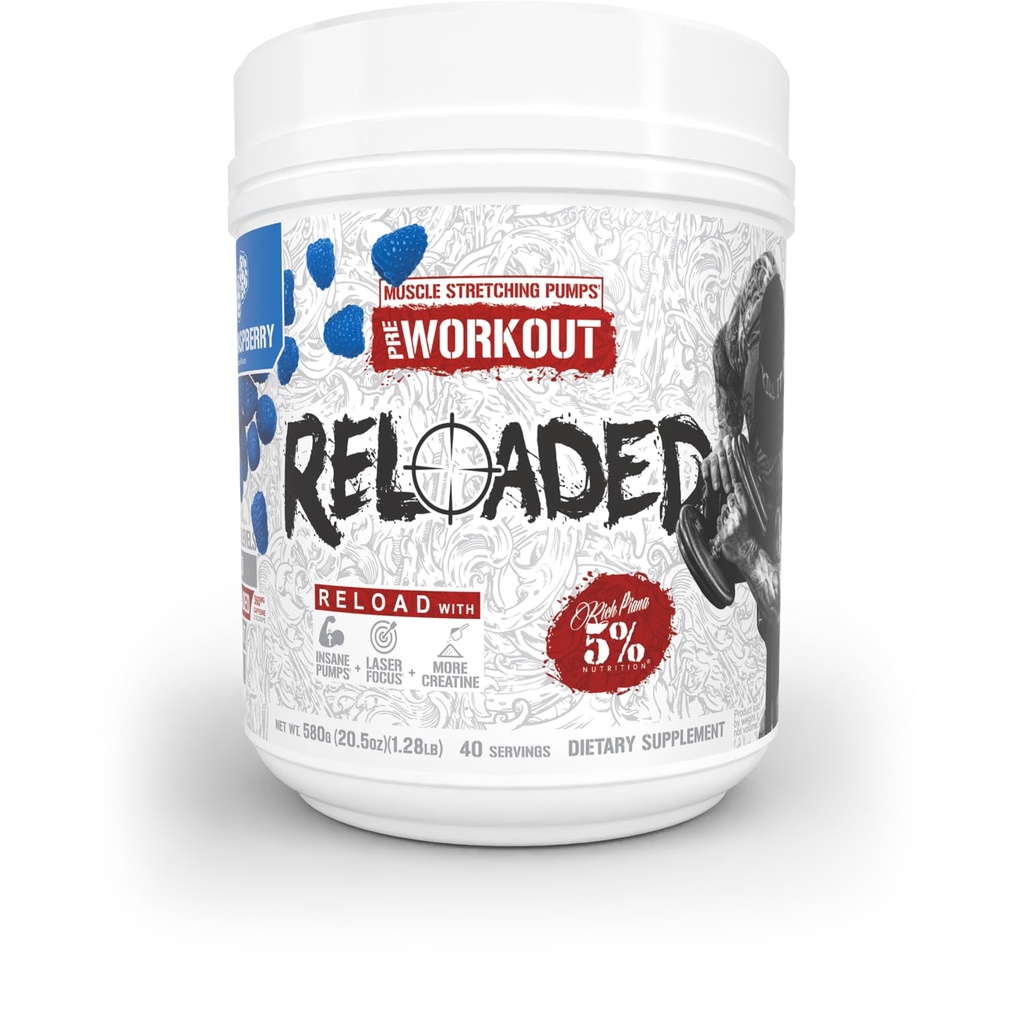 5% Ernährung Rich Piana Reloaded High Stim Pre-Workout | Ultra Energy, Fokus, Pumpen, Power & Endurance | Citrulline, GlycerSize, Nitrosigine, Kreatin, Choline, Huperzine A (Blauer Himbeer)