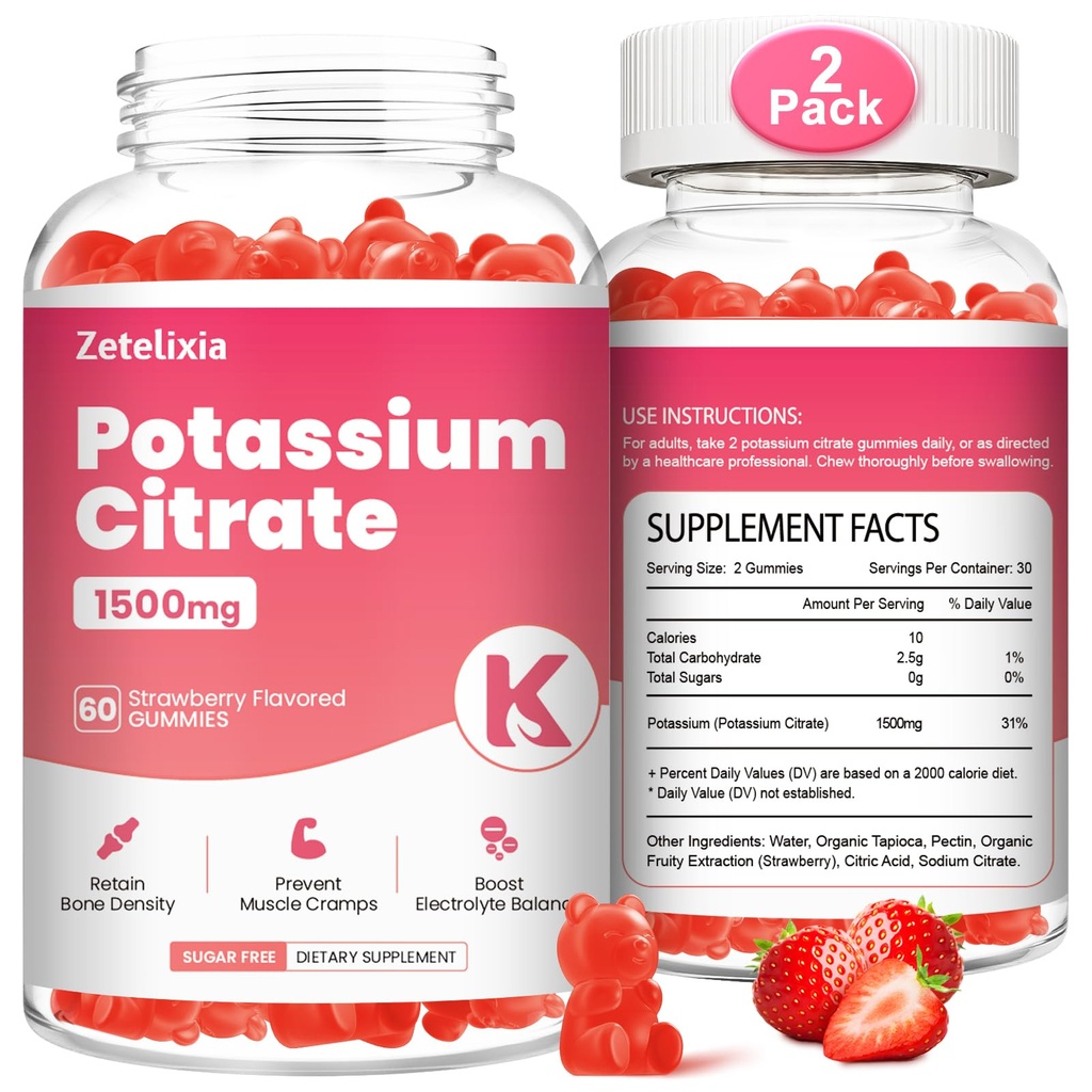 2 Pack Kalium-Gummi-Gummi für Erwachsene Frauen & Männer, Kalium-Zitrat-Ergänzung, Unterstützung Leg Cramps, Muskel-Gesundheit & Elektrolyt-Balance, Zuckerfrei, Bio, Vegan, Erdbeere, 120 Cts