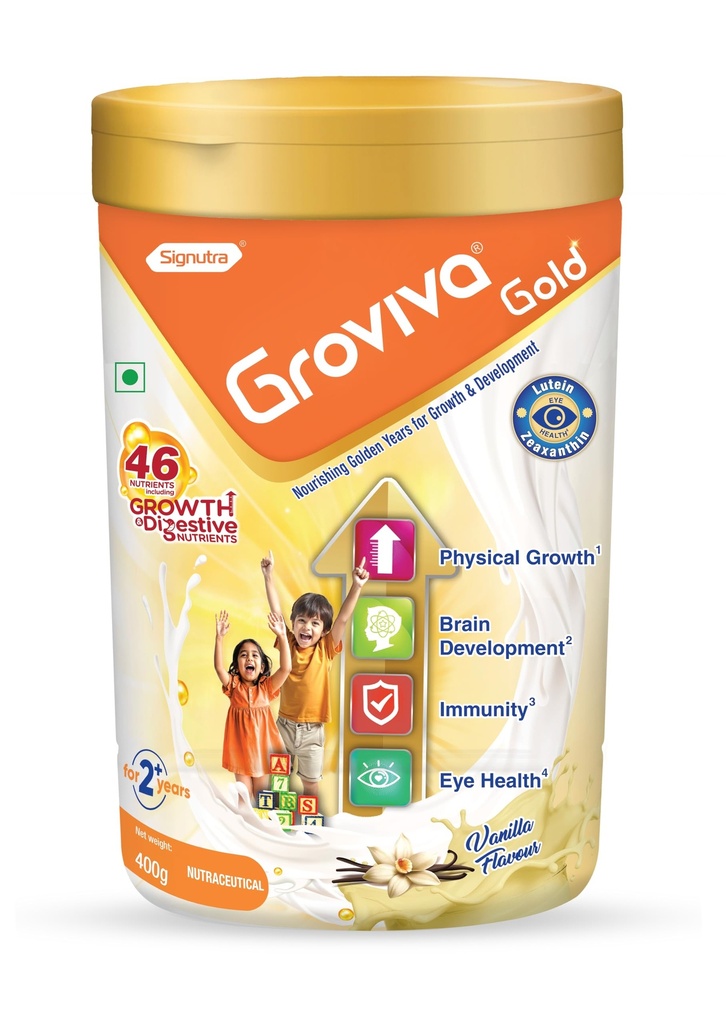 Groviva Gold Milk Protein Powder for Kids | 2-6 Years | 400g Vanilla Jar| 46 Nutrients | Growth & Digestive Nutrients | Supports Physical Growth, Brain Development, Immunity & Eye Health