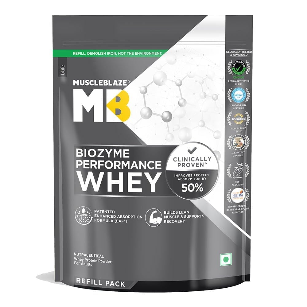 MuscleBlaze Biozyme Performance Whey Protein Powder, 1kg Refill Pack