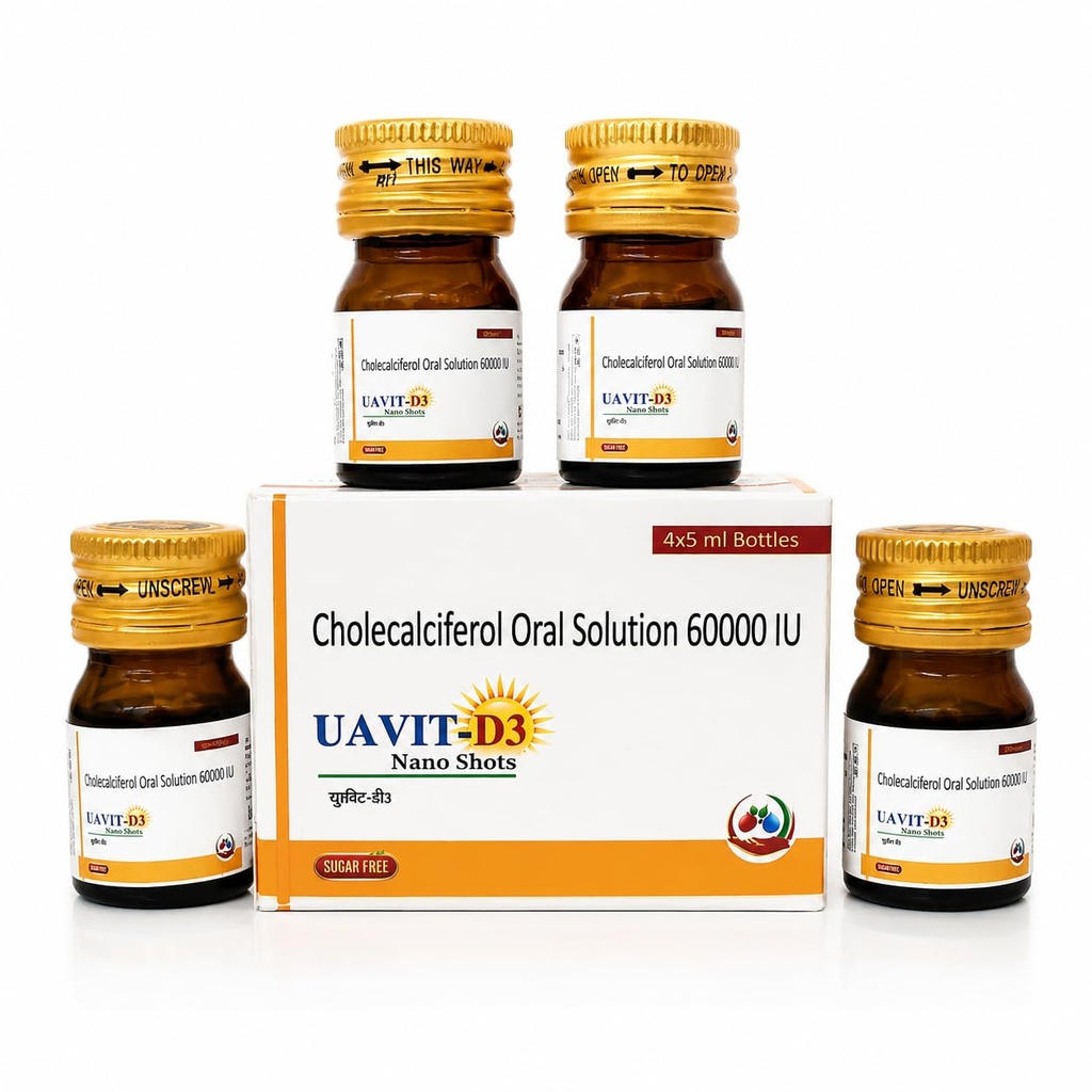 UAVIT-D3 Nano Shots Cholecalciferol Oral Solution 60000 IU – High Strength Vitamin D3 Supplement for Bone Health, Immunity & Calcium Absorption | Sugar-Free 4x5ml Bottles Pack