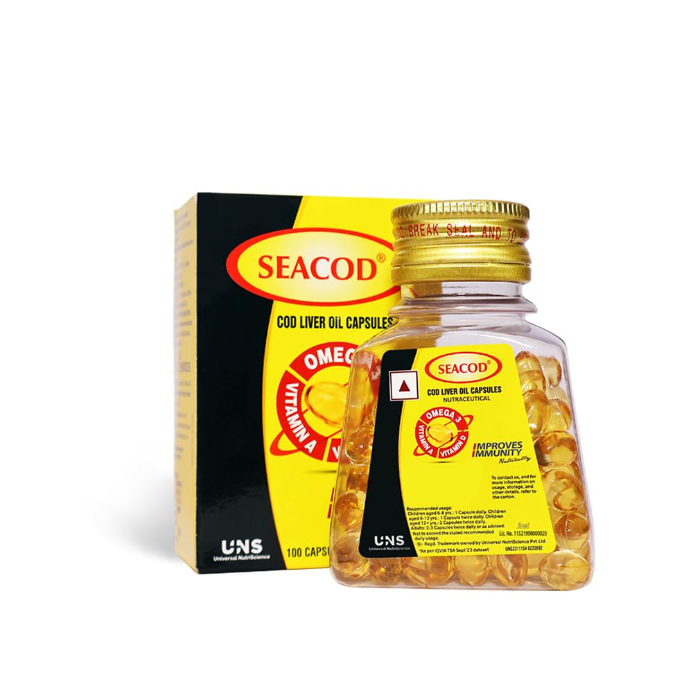 Seacod Cod Fish Liver Oil 100 softgel Capsules With Natural Omega 3, Natural EPA & DHA |Vitamin D & A | For Immune Health, Healthy Heart, Brain, Eyes, Joints & Muscles- Pack of 100 Capsules