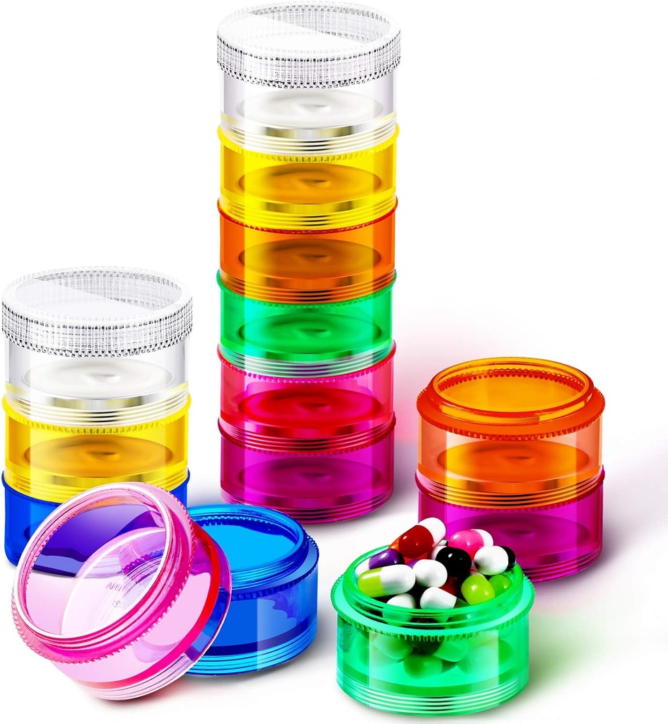 Sieral 7 giorni organizzatori di pedaggio impilabili 7 scomparti scatole di pedaggio tondi Torre settimanale della vitamina Contenitori di stoccaggio individuali Case di viaggio con coperchi per farmaci, vitamine e integratori(2 set)