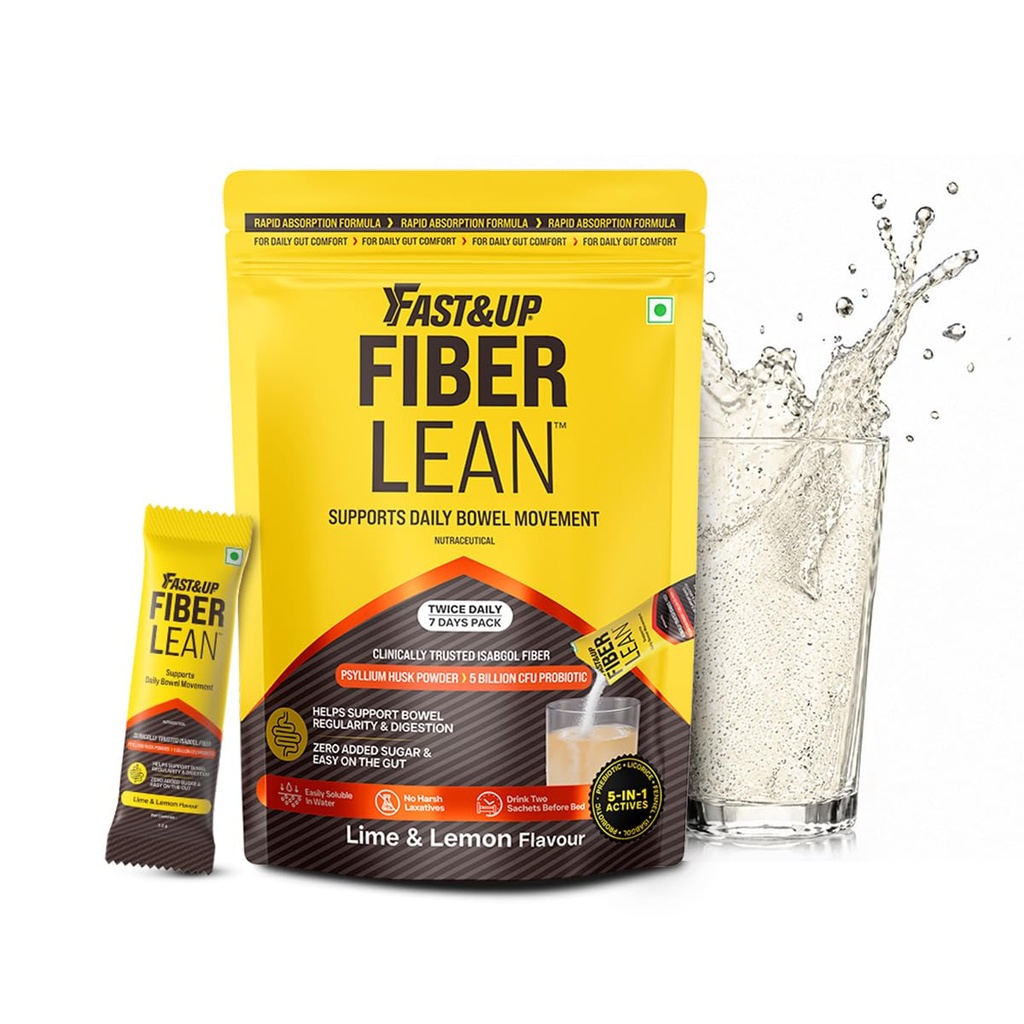 Fast&Up Daily Fiber Isabgol Powder | Psyllium Husk | Fiber Supplement Powder | Constipation Relief | Digestion and Gut Health | Lime & Lemon Flavour | 14 Servings