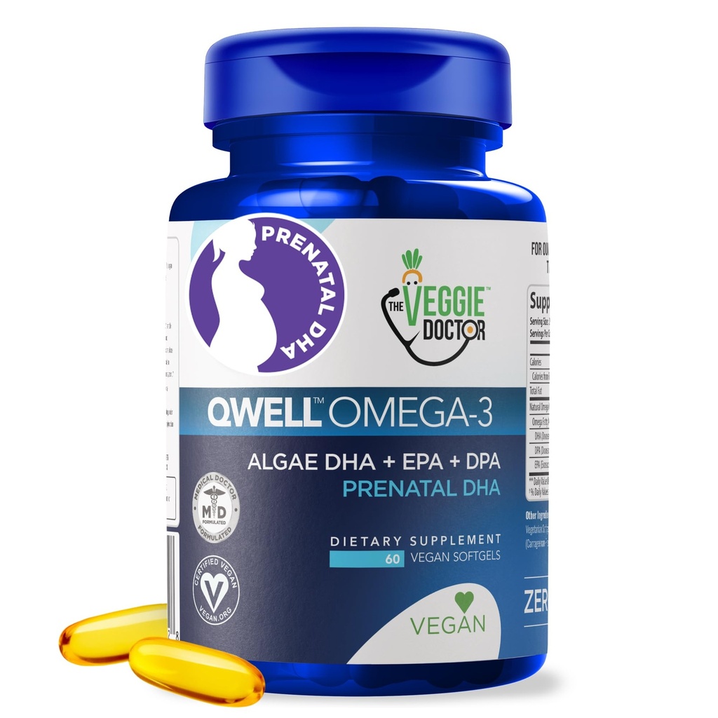 Vegane pränatale Vitamine mit DHA (60 Zähler) Omega-3 - Qwell besser als Fischöl, Gehirnfunktion - 820 Mg Algae DHA & EPA, Vegane pränatale Vitamine mit Vitamin E, Carrageenan-frei