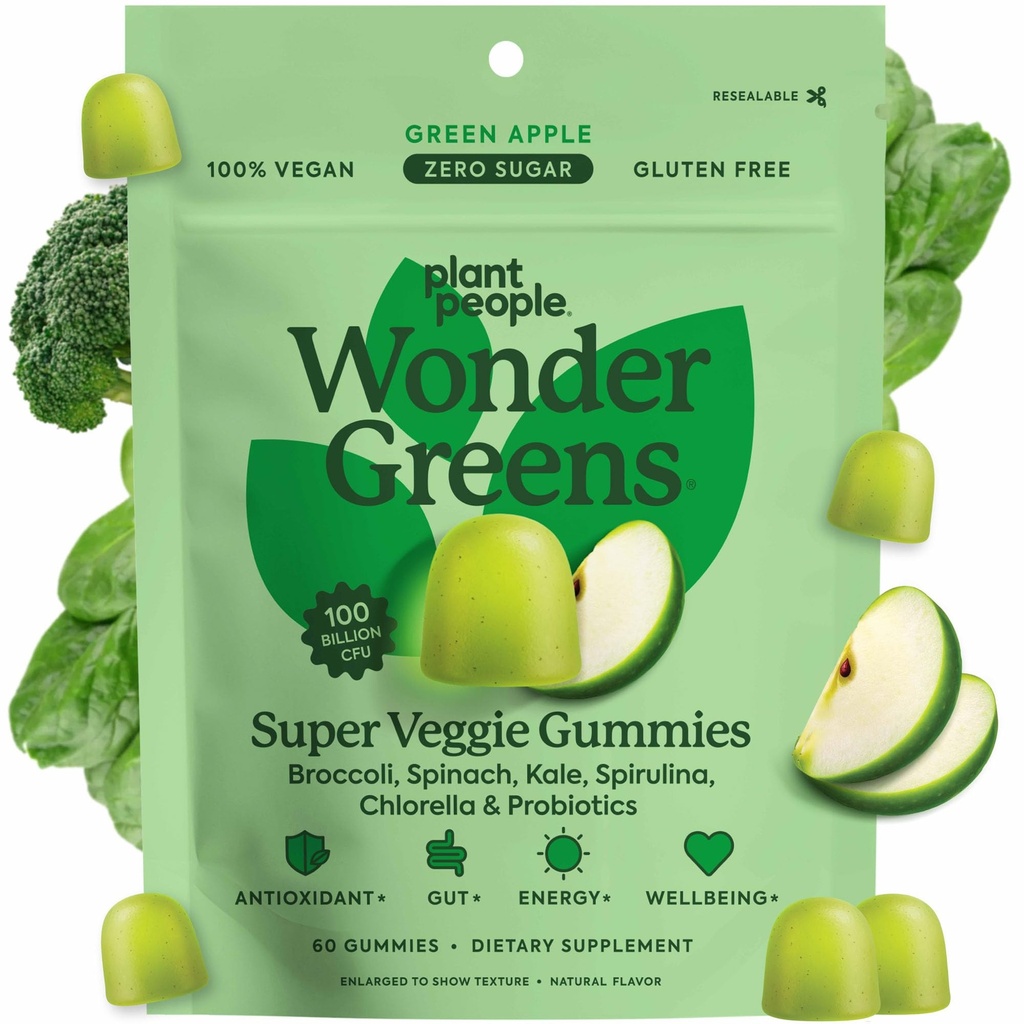 Pianta Persone WonderGreens Veggie Gummies Super Greens con Probiotics Multivitamin Support Gummy per il benessere, energia, Immune e Gut Health, Green Apple Flavor (60 Conte)