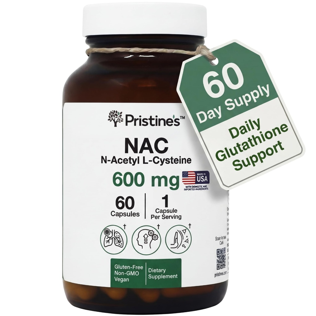 PRISTINE'S N-Acetyl L-Cystein (NAC) 600MG 60 Tage Supply Supplement Kapseln - Glutathione & Liver Detox Support - Potent Antioxidant - Vegan, Glutenfrei, Non GMO Glasflasche