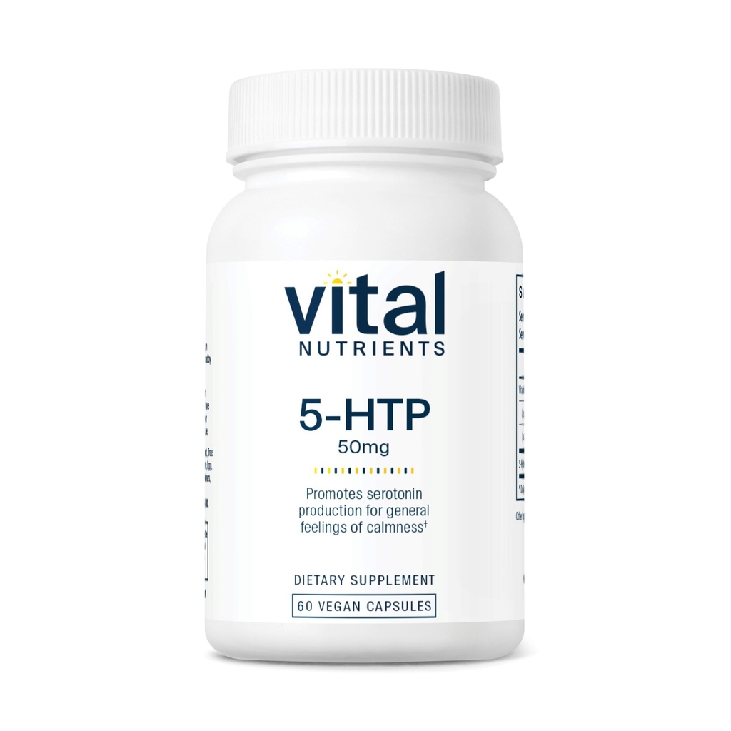 Vital Nutrients 5-HTP 50mg (5-idrossitriptofano) | Vegan Serotonina Support Supplemento* | Sostegno sonno e stress | 5HTP e vitamina B6 | Gluten, Latticini, Soy Free | Non-GMO | 60 capsule
