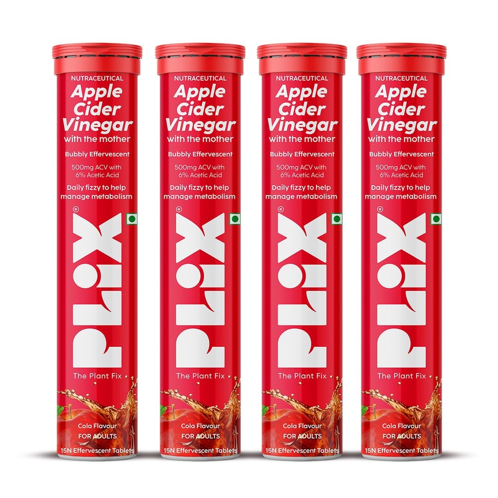 THE PLANT FIX Apple Cider Vinegar Effervescent Tablet with mother | Supports Metabolism & Appetite Control I With 500mg ACV, Vit B6 & B12 I No Maltodextrin, No Added Sugar I Pack of 4 (60 tablets)