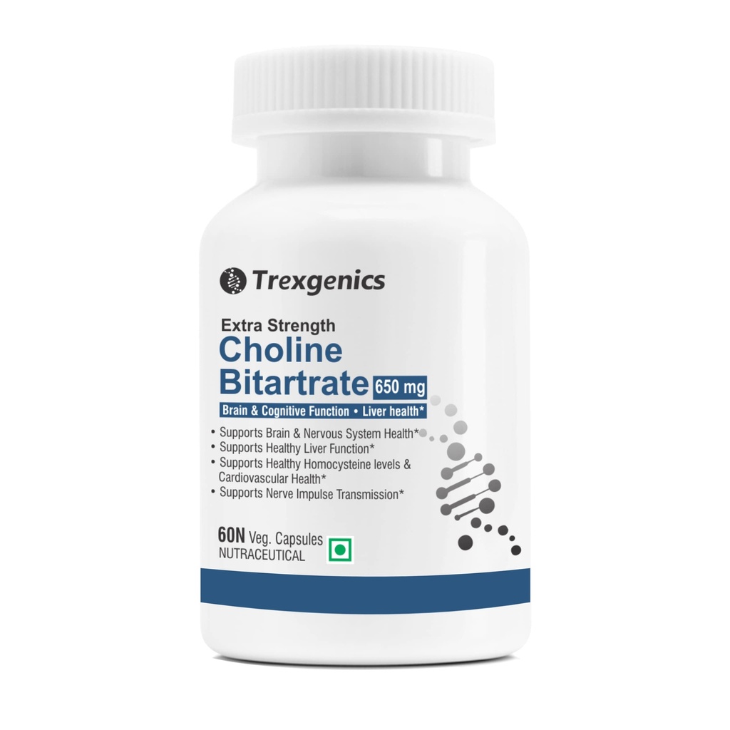 Trexgenics CHOLINE BITARTRATE 650 mg Cognitive Function, Fat Metabolism, Brain & Nervous System Health Support VEGAN & NON-GMO (60 Veg. Capsules) (Pack of 1)