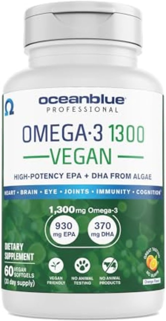 Oceanblue Professional Vegan Omega 3 1300-60 Count - Pflanzenbasierte Fischöl Alternative, hohe Potenz Vegan DHA EPA Algen Öl Supplement - Non-GMO, 30 Servietten
