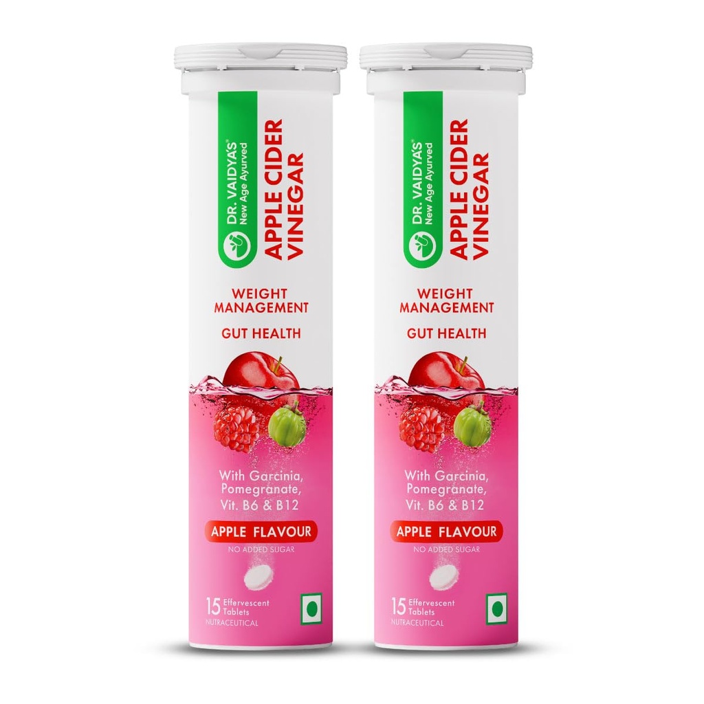 Dr. Vaidya's Apple Cider Vinegar Effervescent Tablets with Mother , Garcinia, Pomegranate, Vitamin B6 & B12 | Supports Weight Management, Metabolism, Digestion & Gut Health | Apple Flavour | 15 Tablets, Pack of 2
