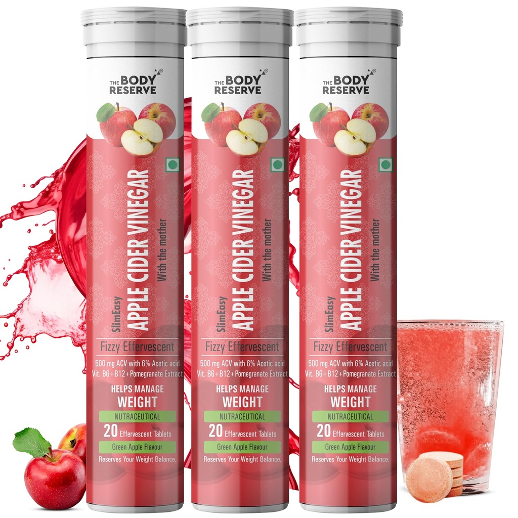 The Body Reserve Apple Cider Vinegar | 60 Effervescent Tablets Pack Of 3 (Green Apple Flavour)