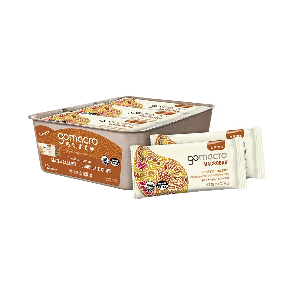 GoMacro MacroBar Barres de protéines végétales organiques - Caramel salé + Chips de chocolat (2.3 Barres d'Once, 12 Nombre)
